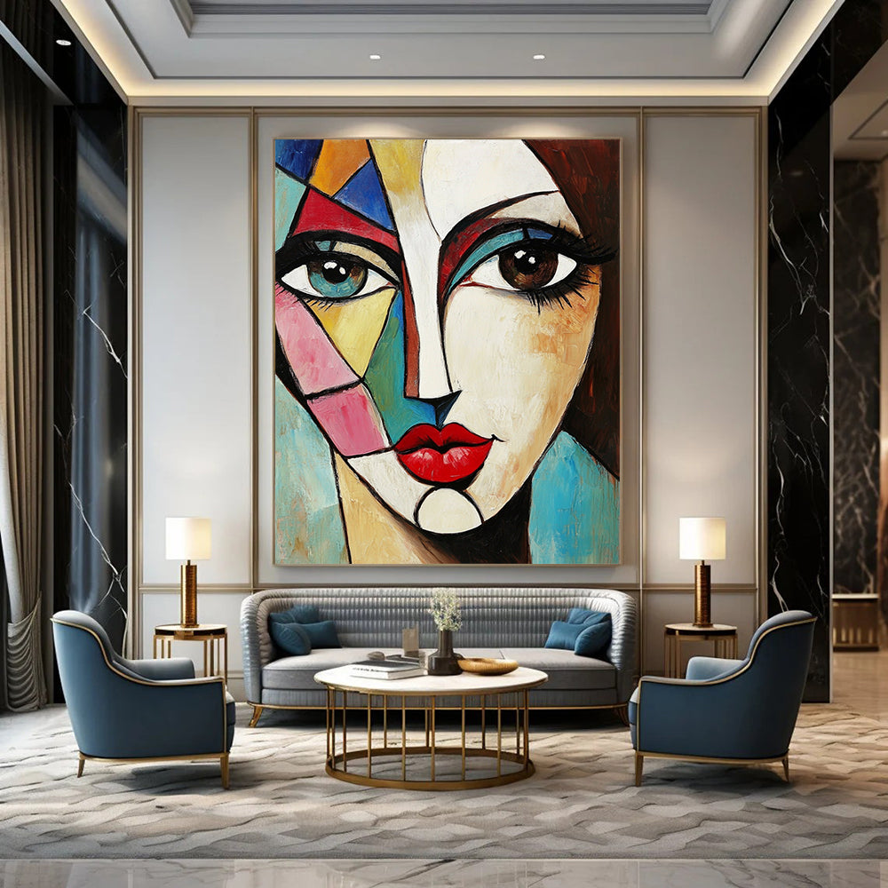 Contemporary abstract painting featuring a woman's face with large eyes vibrant geometric shapes red lips and brown hair on a square canvas. DLZ0376