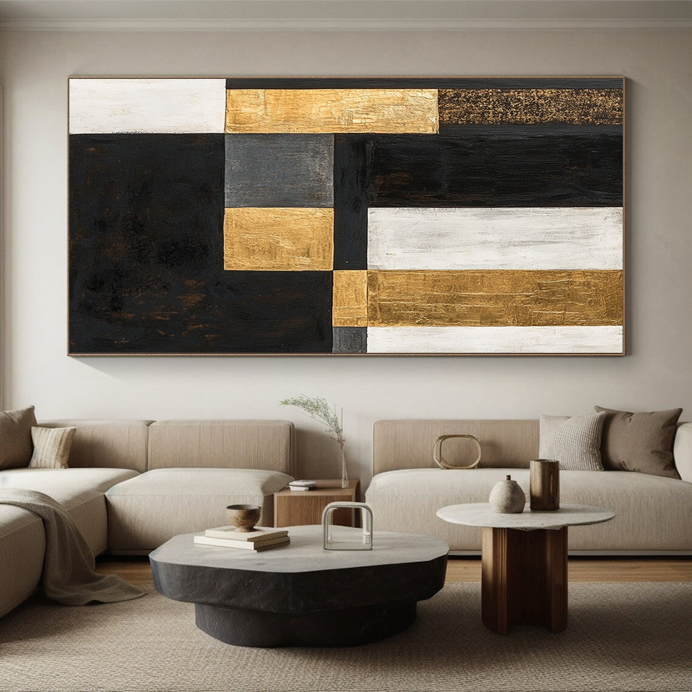 Black, White, Gold, Gray, Patchwork Squares "Urban Gilded Patchwork" Abstract Modernist Painting On Canvas HB156