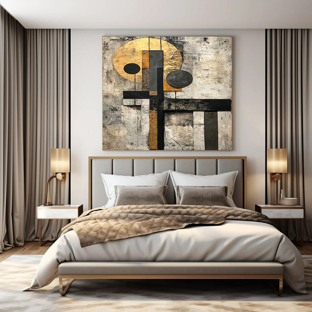 Gold, Black, Gray, White with Layered Shapes "Textured Harmony" Abstract Painting On Canvas HB002