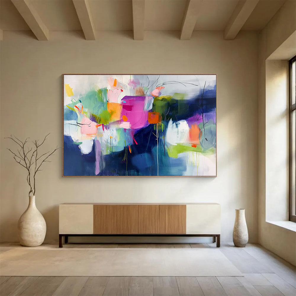 “Colorful Abstract Blooms” - Pink, Green, Orange, Abstract Floral Forms - Fauvist Acrylic Painting HB1523