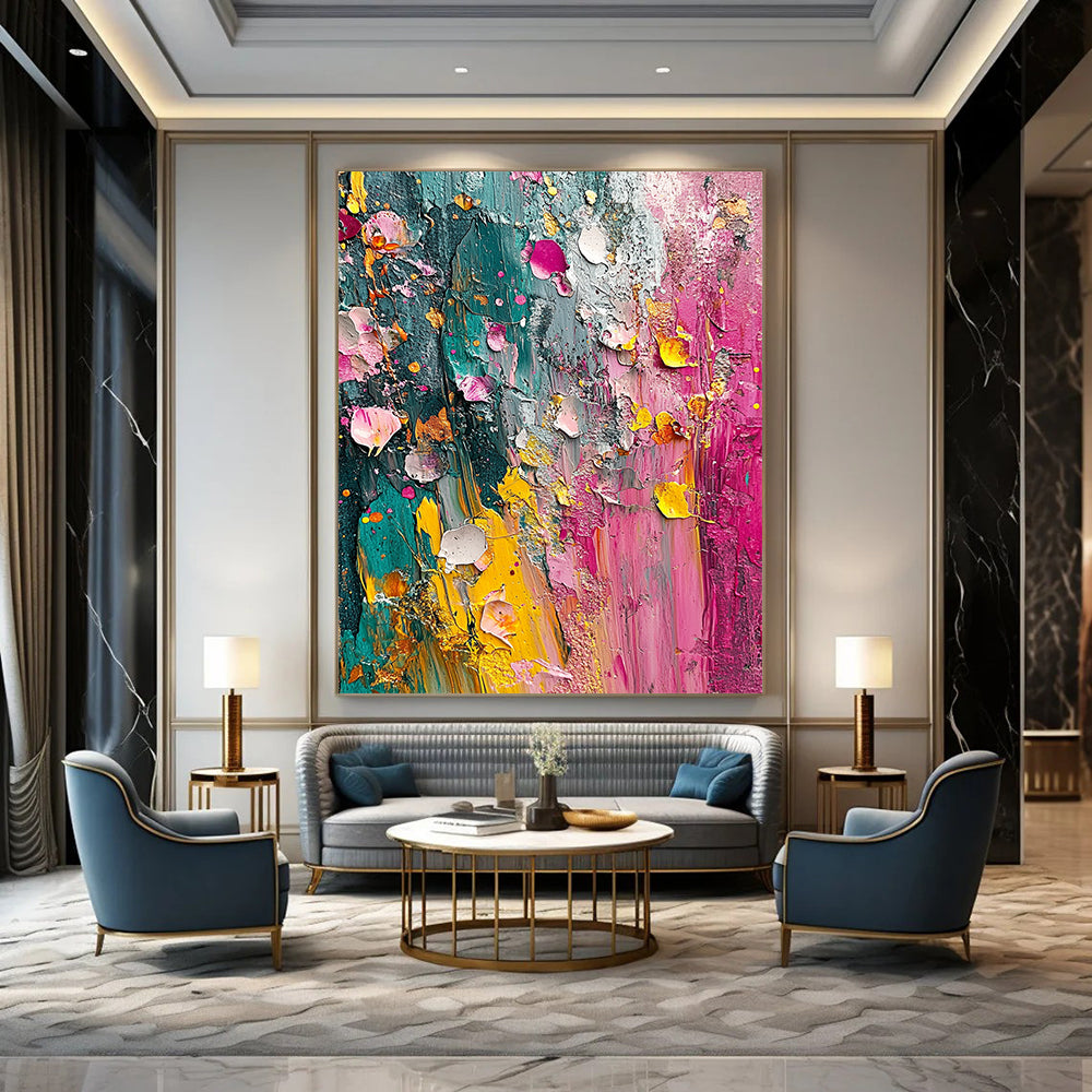 Contemporary hand-painted abstract artwork featuring vibrant colors and textured layers inspired by nature evoking the essence of springtime. DLZ1190