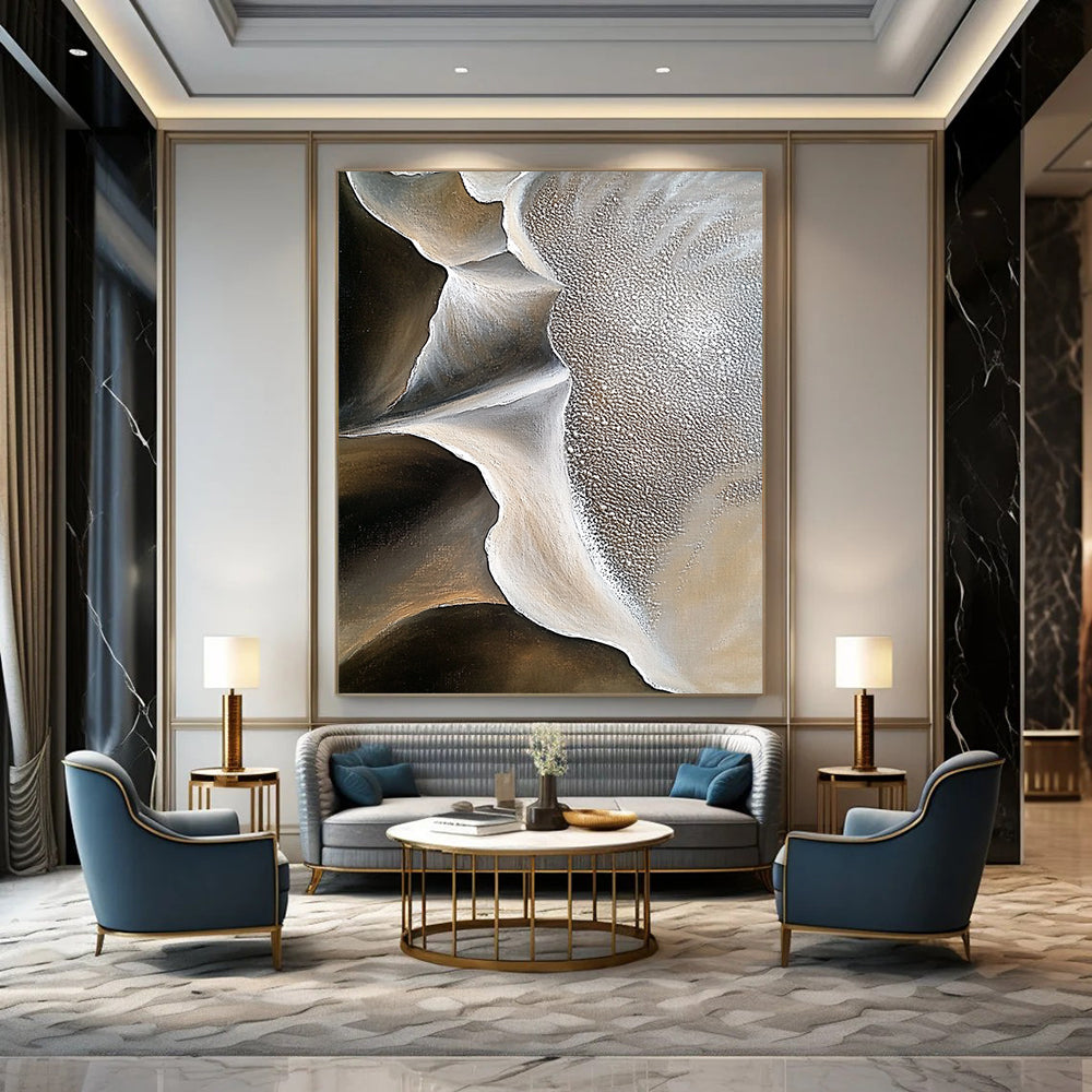 Large contemporary abstract artwork showcasing intricate sand dune patterns and contrasting rock formations with rich oil paint texture and minimalistic desert depth. DLZ1181