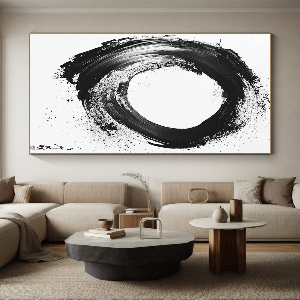 Black and White Textured Circle "Rough Zen" Painting On Canvas HB274