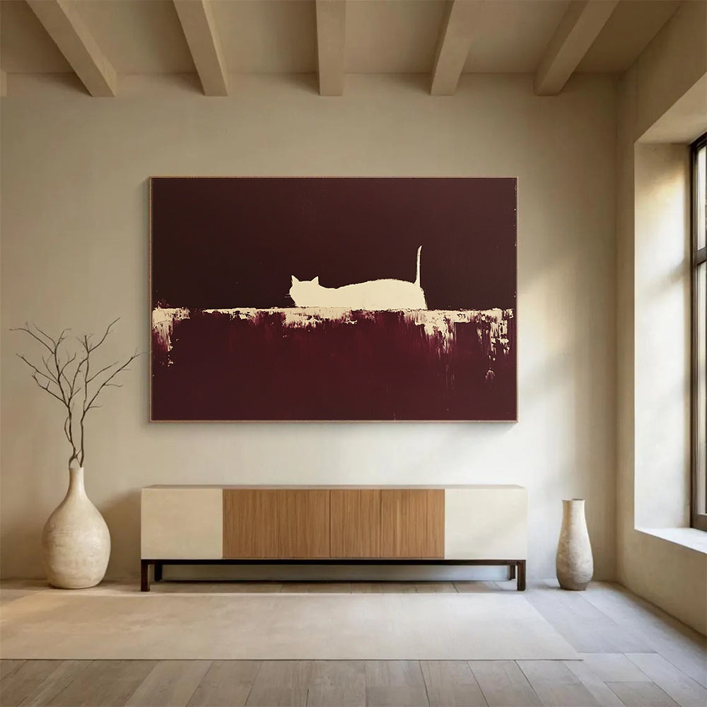 “Silhouette Cat in Brown” - Brown, White, Minimalist Cat Silhouette Painting On Canvas HB0956