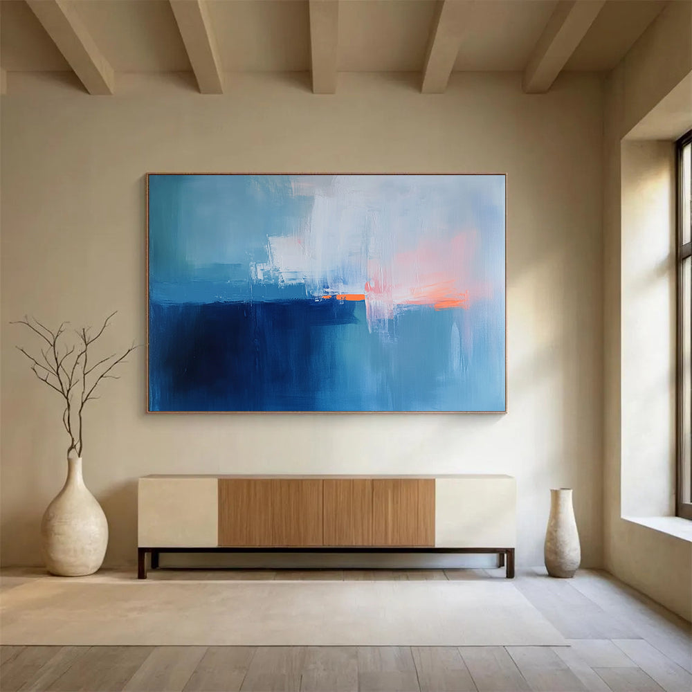 “Soft Blue - Orange Horizons” - Blue, Orange, White, Abstract Seascapes - Color - Field Acrylic Painting HB1520