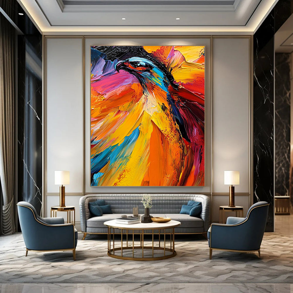 Vibrant contemporary abstract painting featuring an eagle with dynamic brushstrokes bold colors and warm tones creating an energetic mood on canvas. DLZ0575