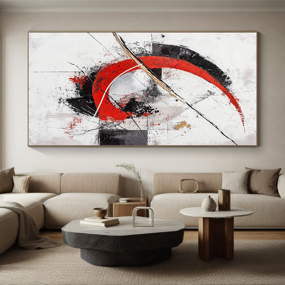 White, Red, Black, Gray, Gold, Circular Motifs "Crimson Enso" Abstract Zen - Inspired Painting On Canvas HB070