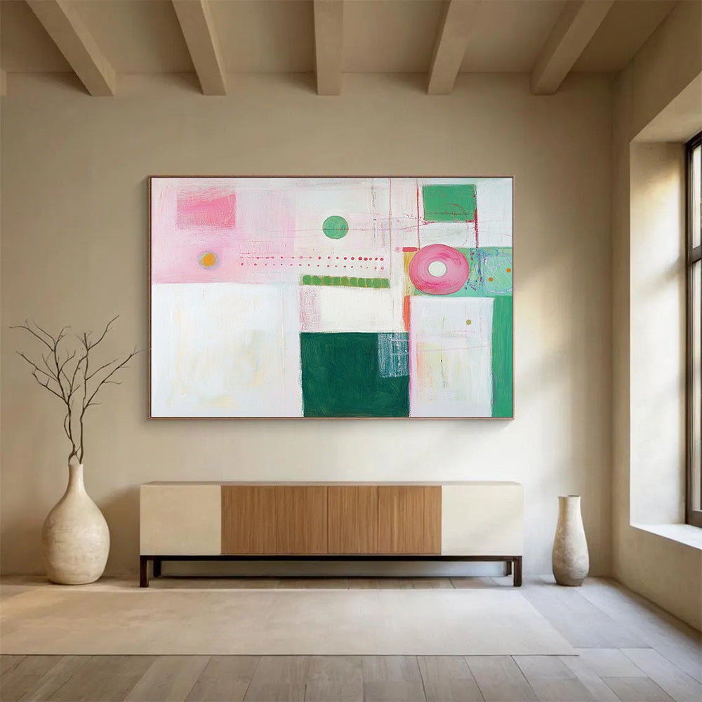 “Pastel Abstract Shapes” - Pink, green, white, Soft Abstract Painting HB0642