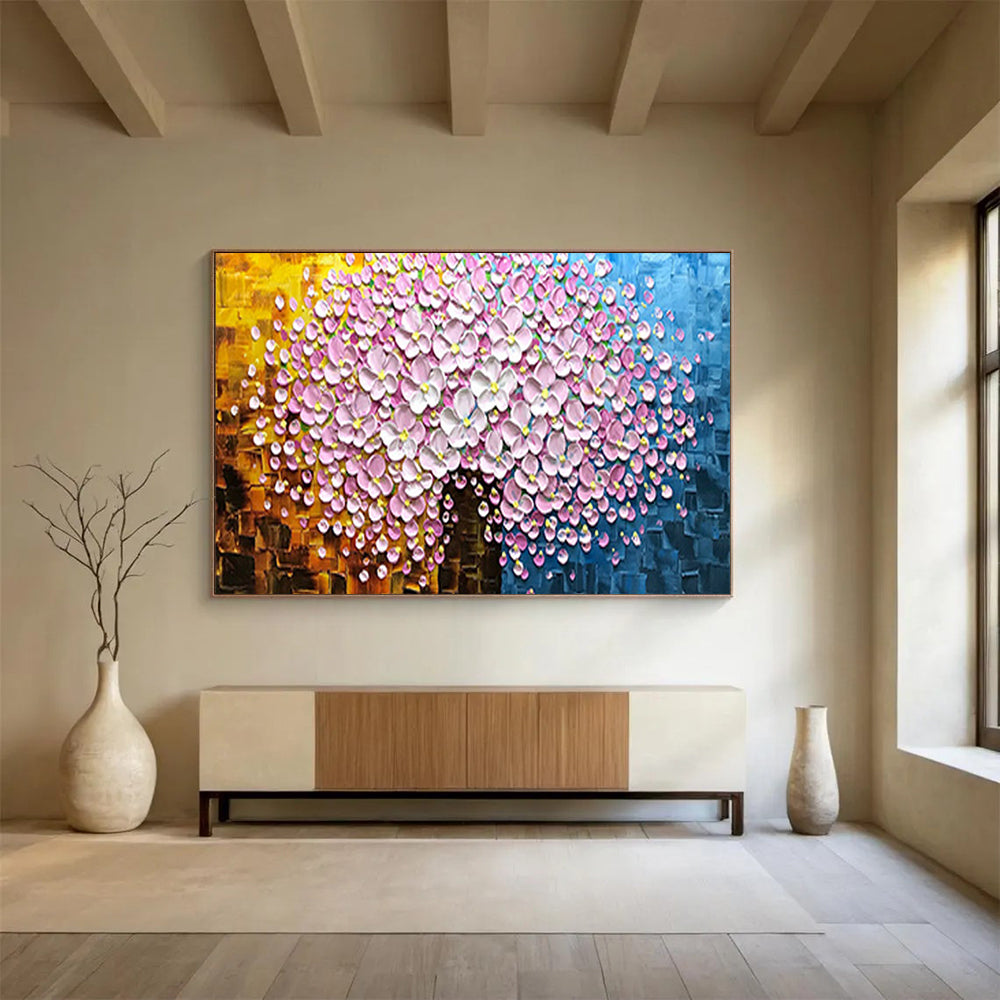 Textured Pink Flower Tree - Romantic Living Room or Bedroom Art DLZ231
