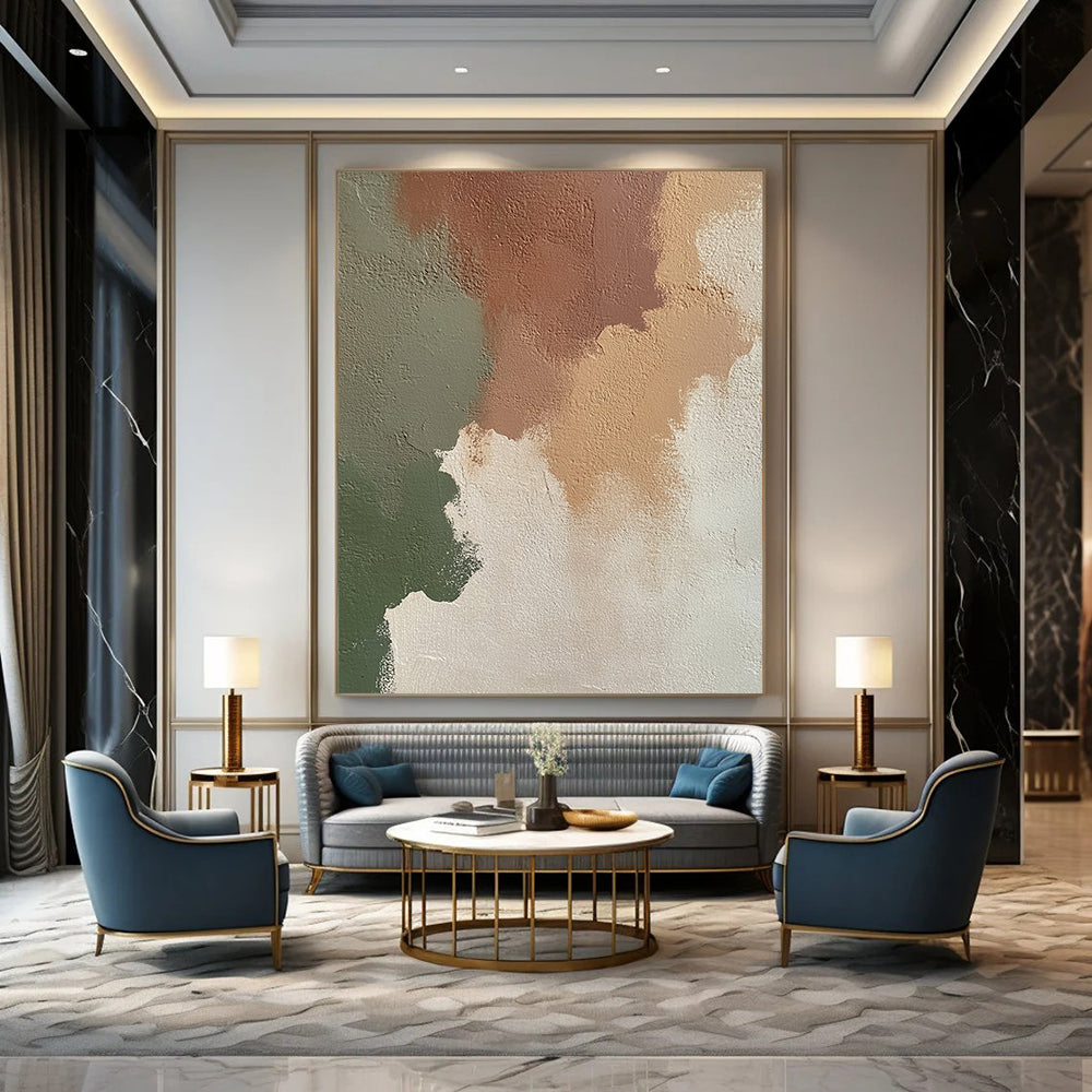 Contemporary abstract artwork featuring an irregular blend of beige, brown, and green on an off-white wall, perfect for modern decor. DLZ1197