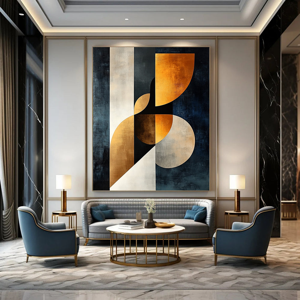 Modern abstract painting featuring elegant female form in dark blue beige and white with golden accents showcasing harmony of curves and geometric shapes. DLZ1370