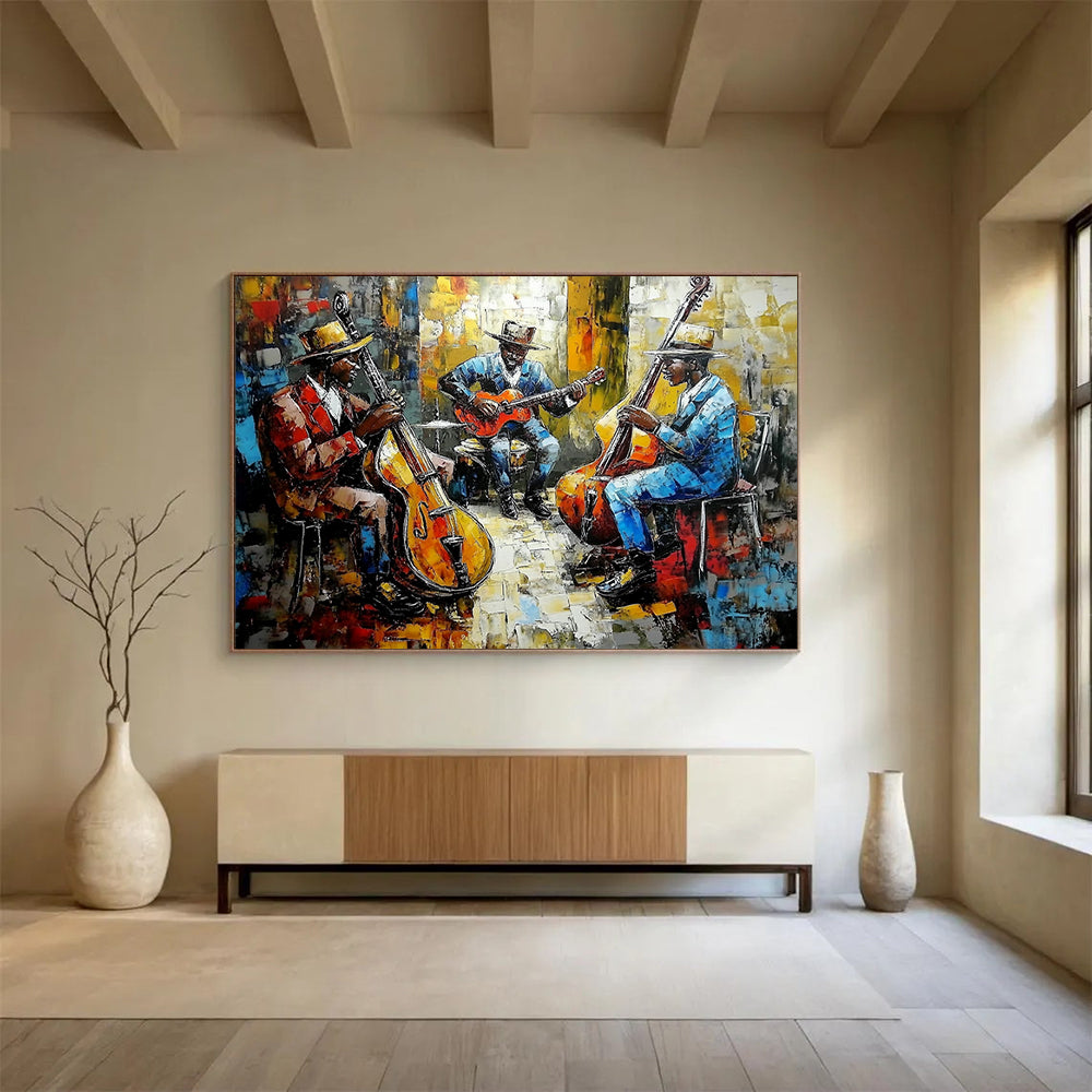 “Vibrant Jazz Band” - Colorful Palette, Jazz Musicians, Figurative Painting On Canvas HB0996