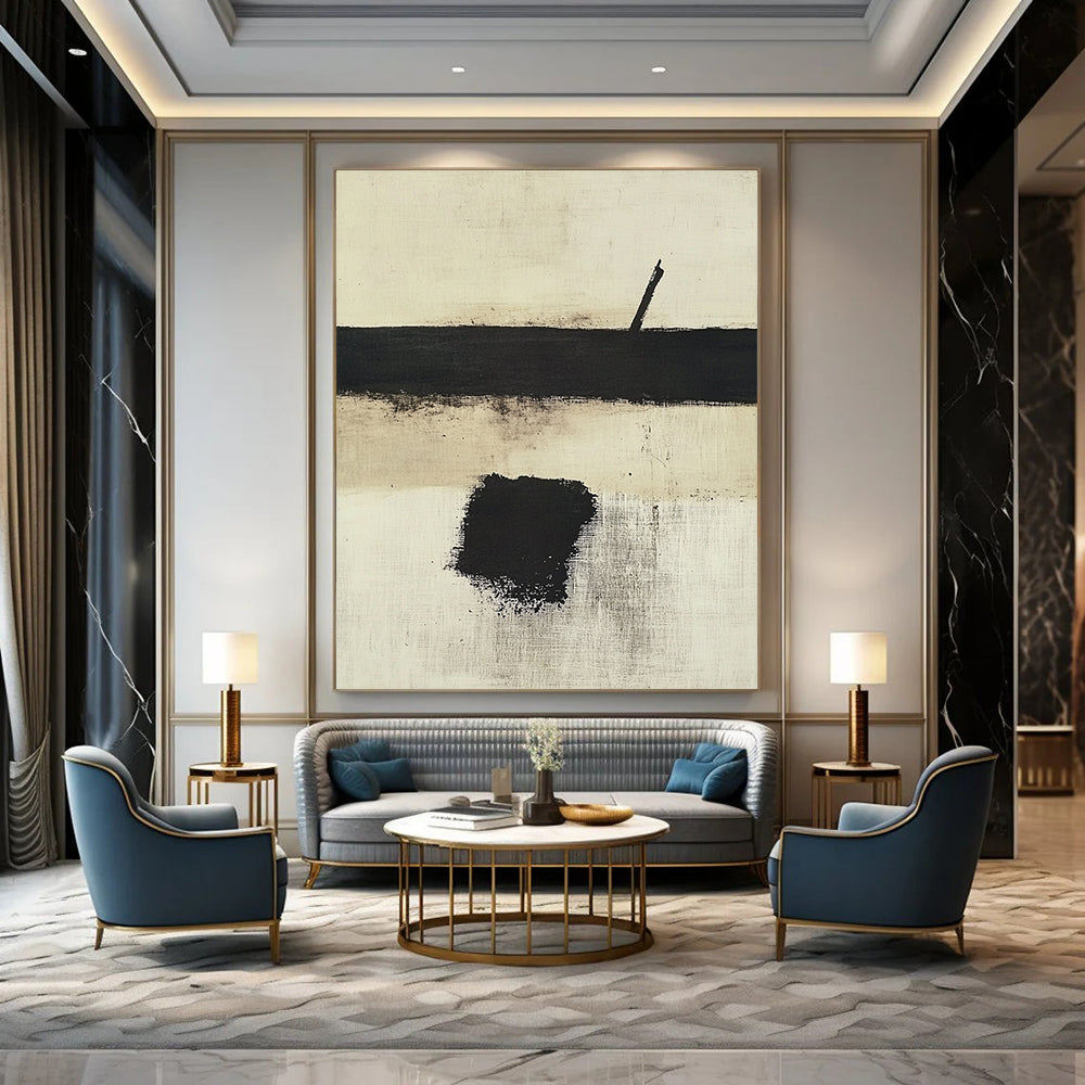 Contemporary hand-painted abstract art featuring a white background with bold black and beige hues and a striking central brush stroke. DLZ0424