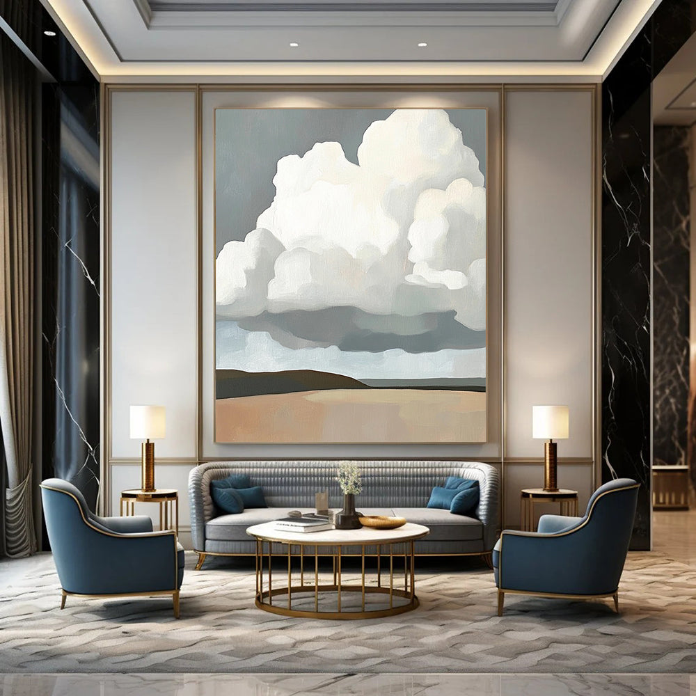 Abstract oil painting featuring large white clouds above a grey brown landscape in a minimalist style inspired by contemporary art. DLZ1681