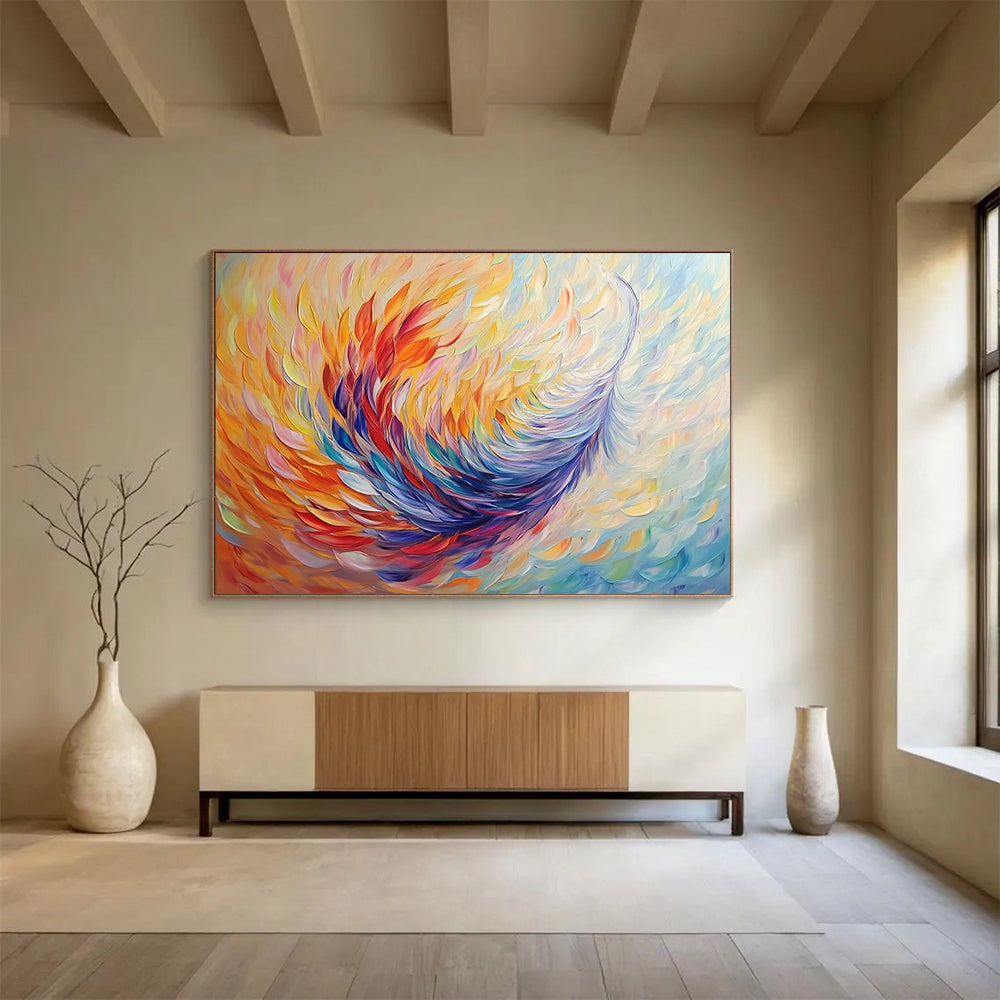 “Colorful Feather - like Abstract” - Yellow, Orange, Red, Blue, Purple with Feather Shapes - Painting On Canvas HB1395