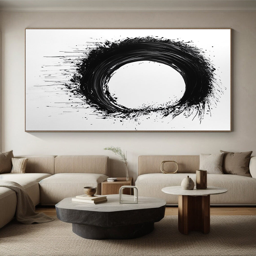 Black and White Splattered Circle "Energetic Enso" Painting On Canvas HB259
