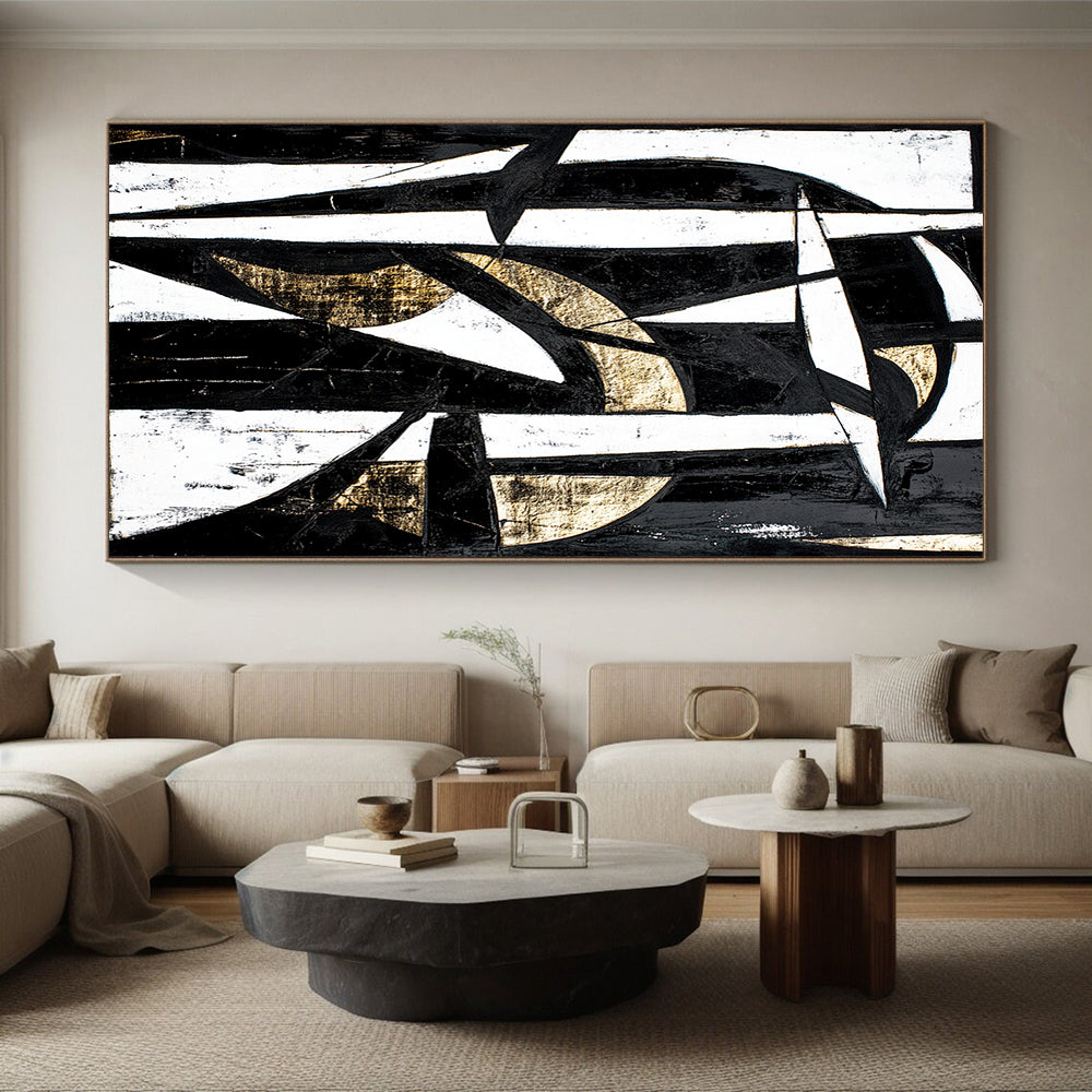 Black, White and Gold Geometric Abstraction "Timeless Contrast" Painting On Canvas HB338