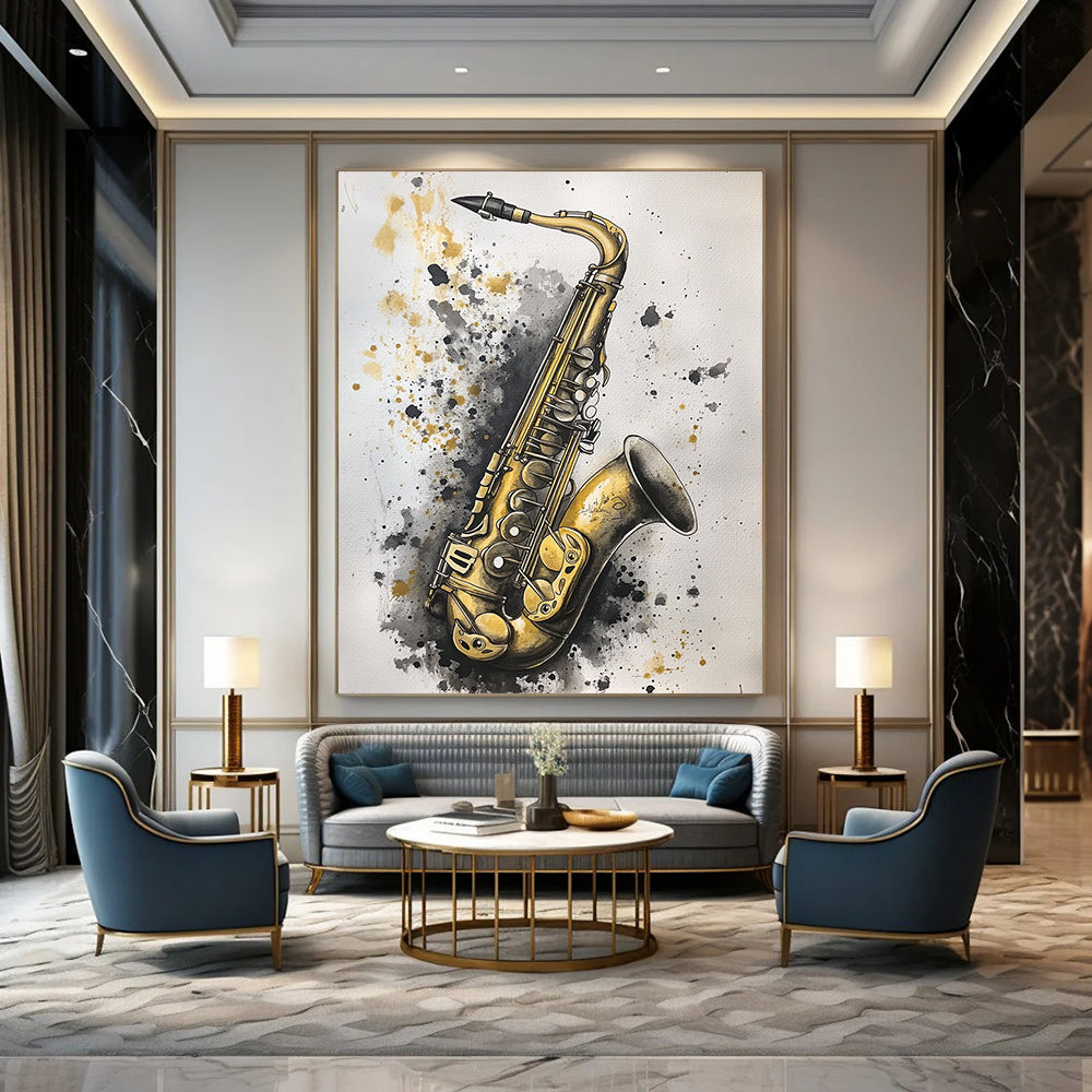 Contemporary hand-painted abstract artwork featuring an old saxophone in gold and silver hues against a soft gray background, creating striking contrast and depth. DLZ1507
