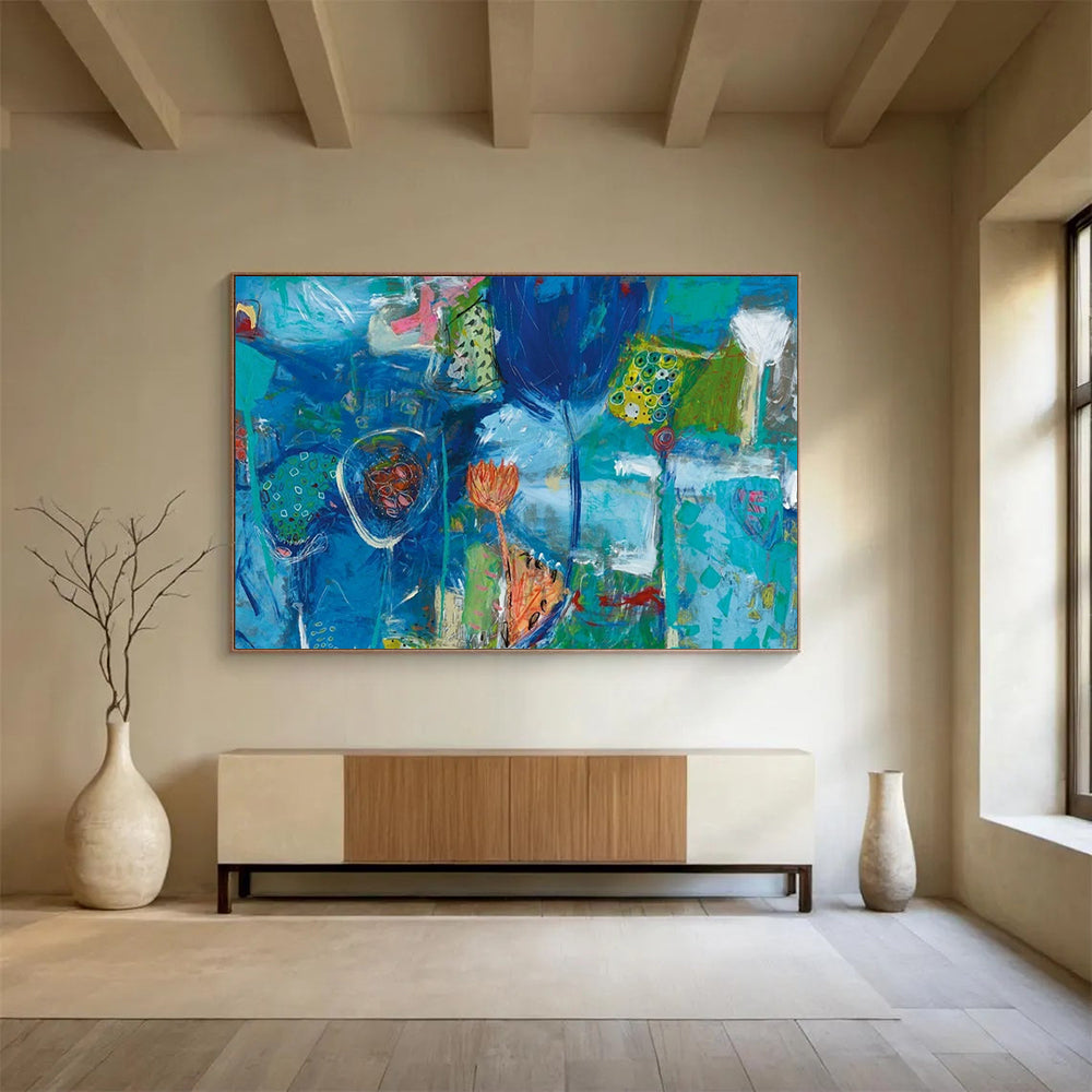 Blue Abstract Flower Field - Whimsical Living Room or Nursery Decor DLZ245