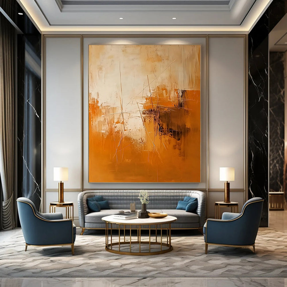 Contemporary hand-painted abstract artwork featuring warm orange and brown tones with textured brushstrokes and dynamic shapes adding depth in beige and white. DLZ1069