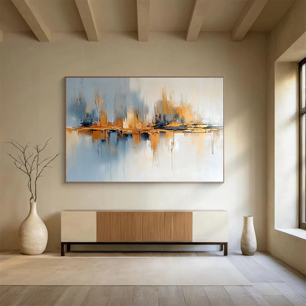 “Abstract Cityscape with Reflection” - Gray, blue, gold; Abstract cityscape with reflective elements; Acrylic Painting On Canvas HB1243