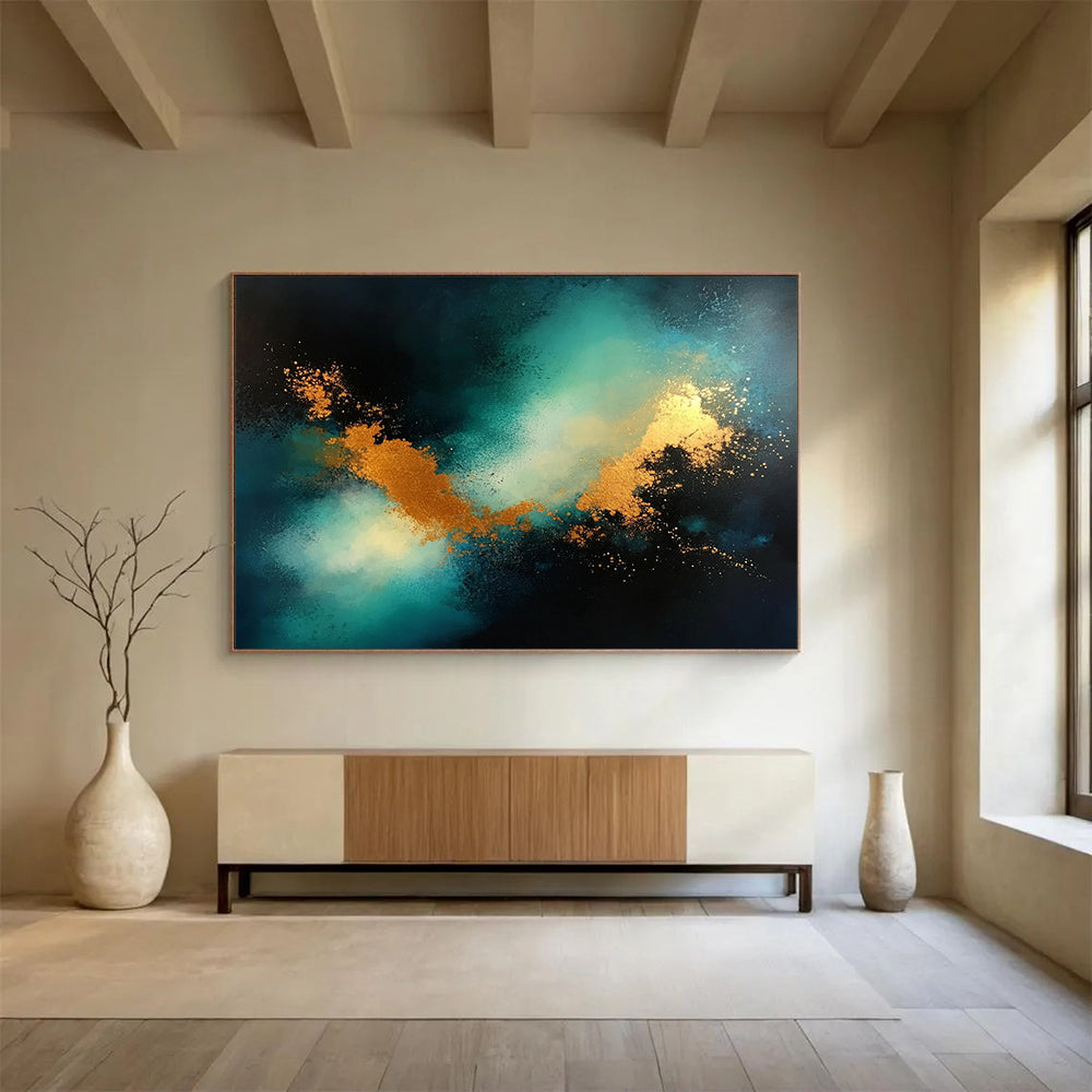 “Cosmic Teal & Gold” - Teal, Gold, Black, Abstract Celestial Clouds Painting On Canvas HB1033