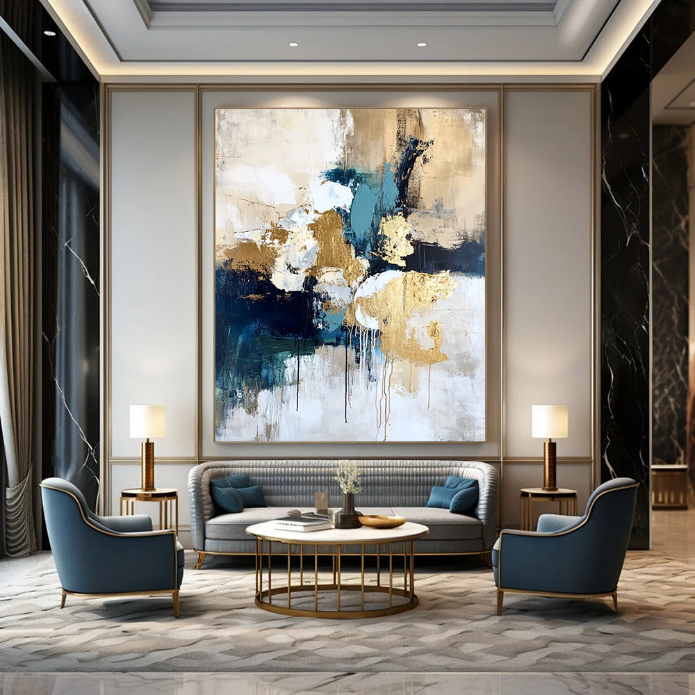 Contemporary hand-painted abstract art on textured canvas with gold foil highlights in cream white and blue creating a romantic atmosphere with vibrant earthy tones. DLZ1009