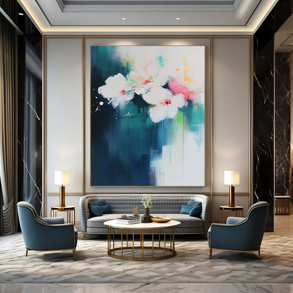 Contemporary abstract art featuring bold brush strokes on a white backdrop with aqua blue and pink floral accents. DLZ0750