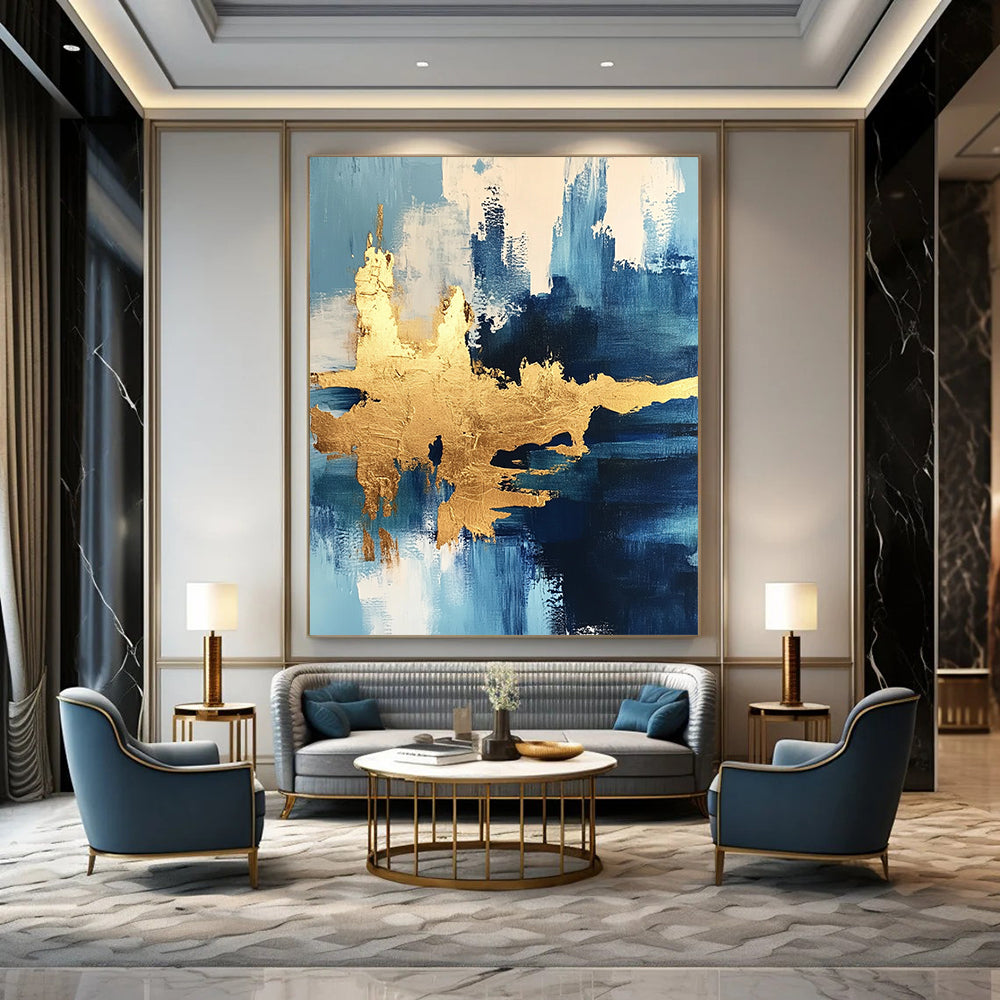 Contemporary abstract painting featuring ocean themes and textured gold foil accents for a luxurious artistic expression. DLZ0343