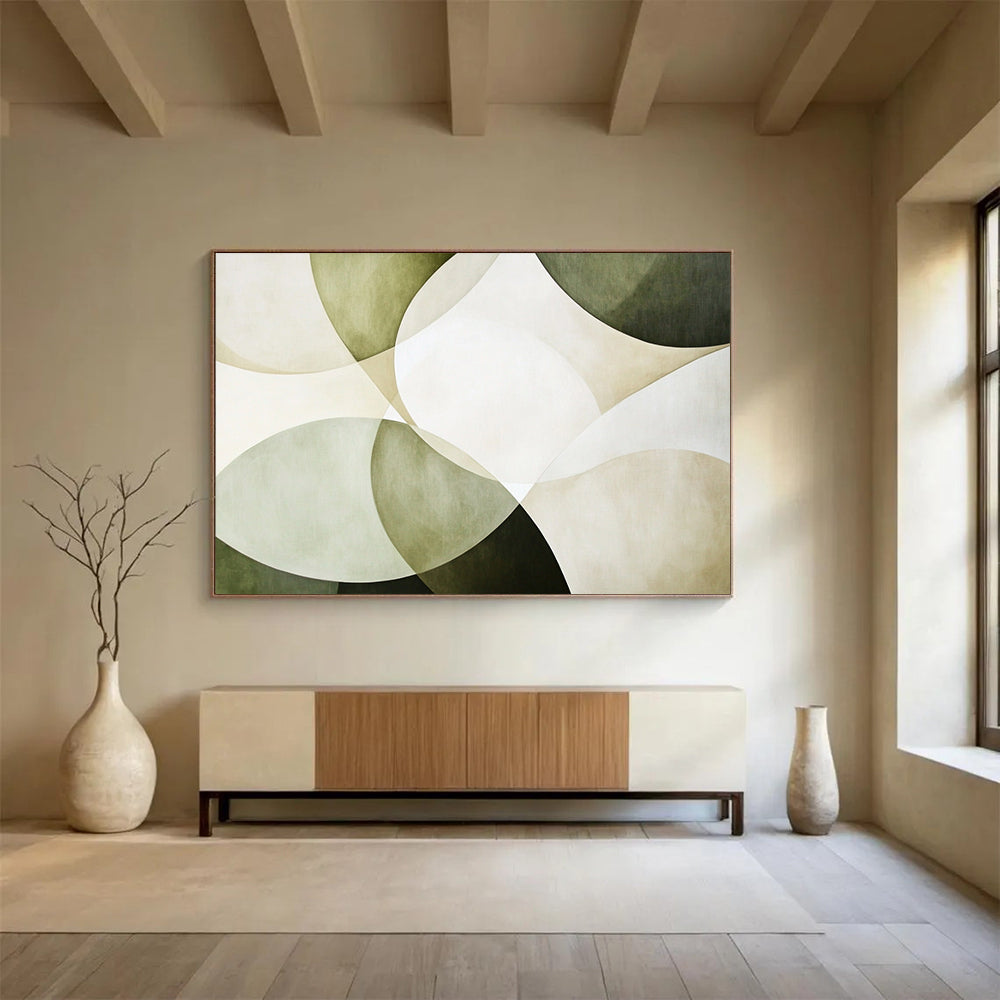 “Green - Beige Overlapping Circles” - Green, Beige, White with Circular Layers - Abstract Acrylic HB1361