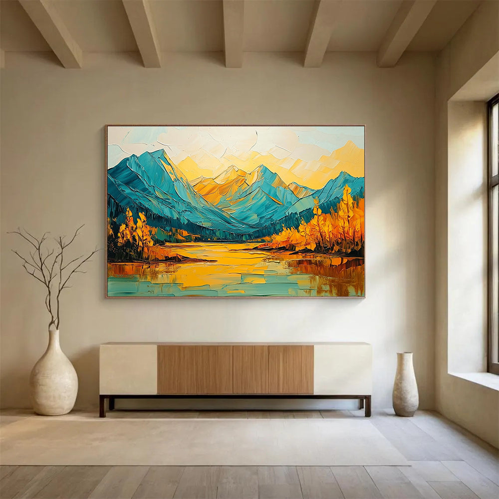 “Vibrant Mountain Reflection” - Blues, Yellows, Oranges, Mountain Lake with Bold Reflections - Impasto Oil Painting HB1714