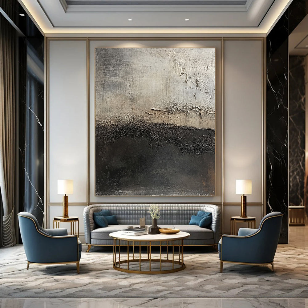 Contemporary large hand-painted abstract artwork featuring dark gray and light brown textures highlighting decay against an abstract dark gray and white background. DLZ1295