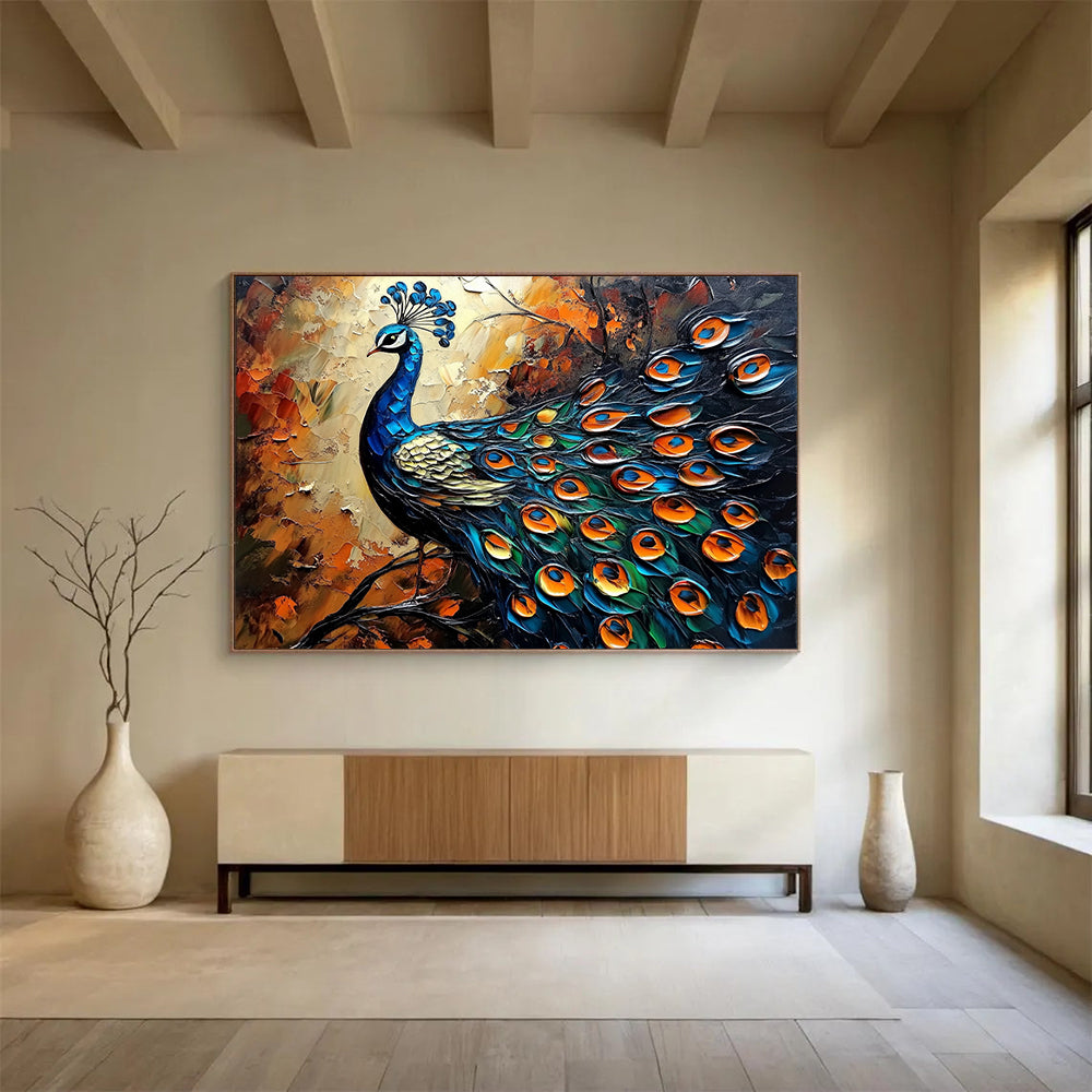 “Blue Gold Orange Peacock Relief” - Blue, gold, orange, green; Textured peacock portrait HB1294