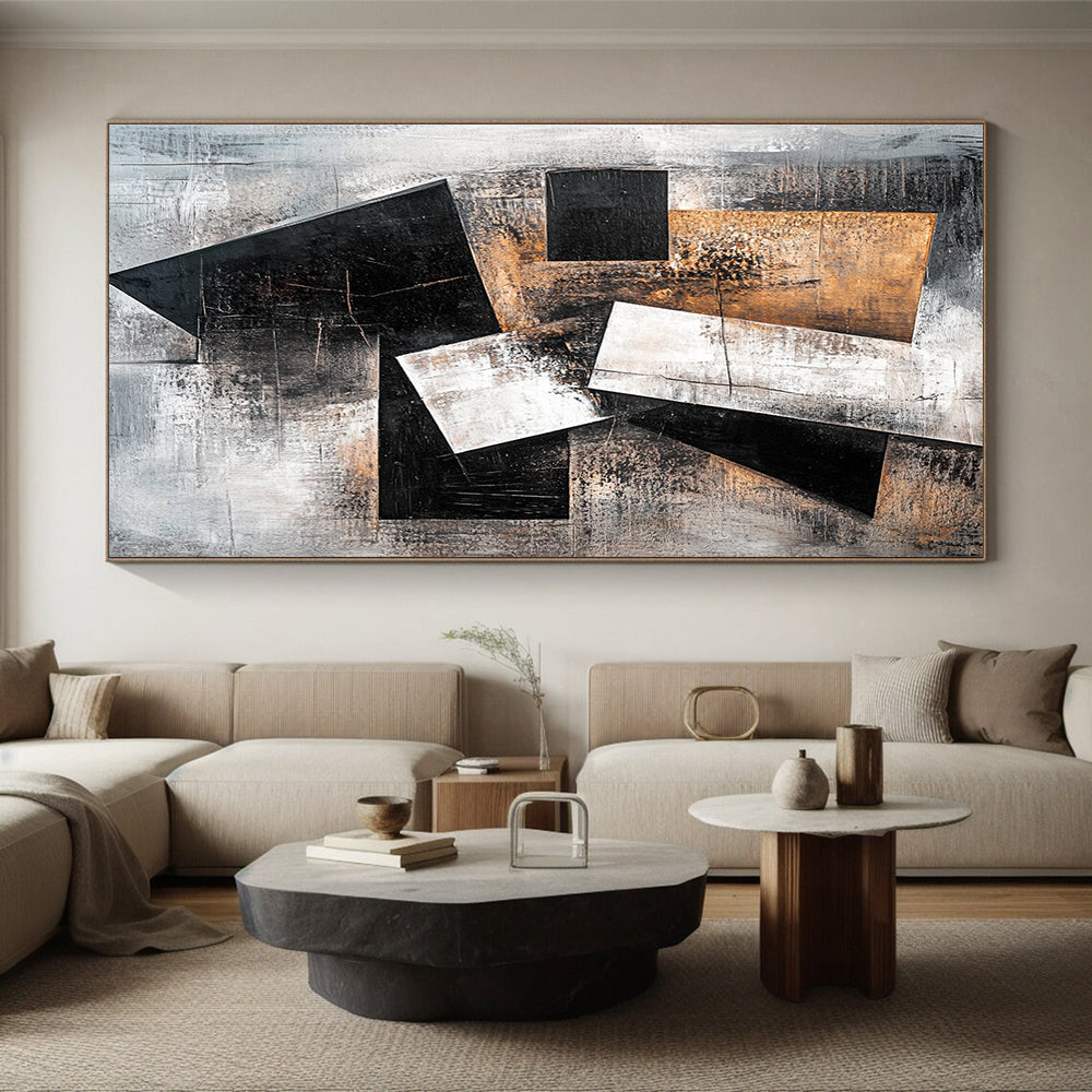 Gray, Black, White, Brown, Geometric Shapes "Industrial Puzzle" Abstract Cubist - Inspired Painting On Canvas HB059