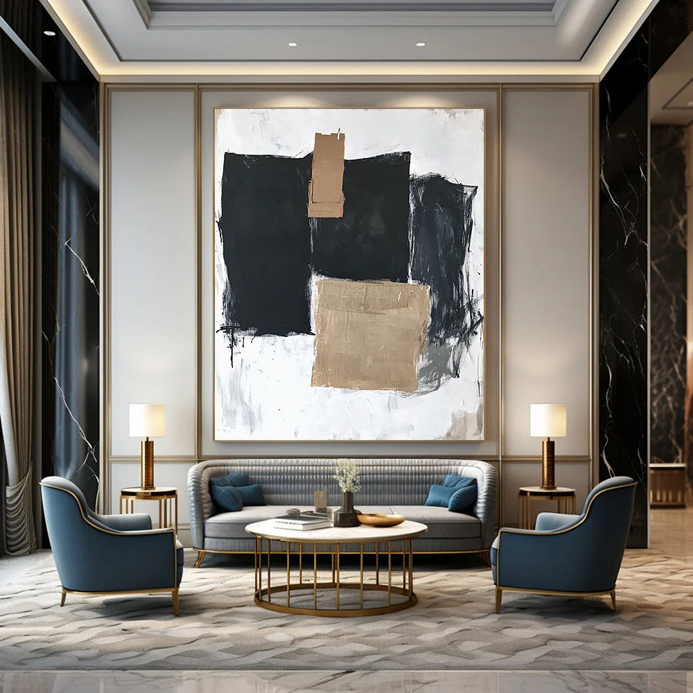 Contemporary hand-painted abstract art featuring three large black squares, one with brown tape, on a white background with thick dark gray strokes. DLZ1335