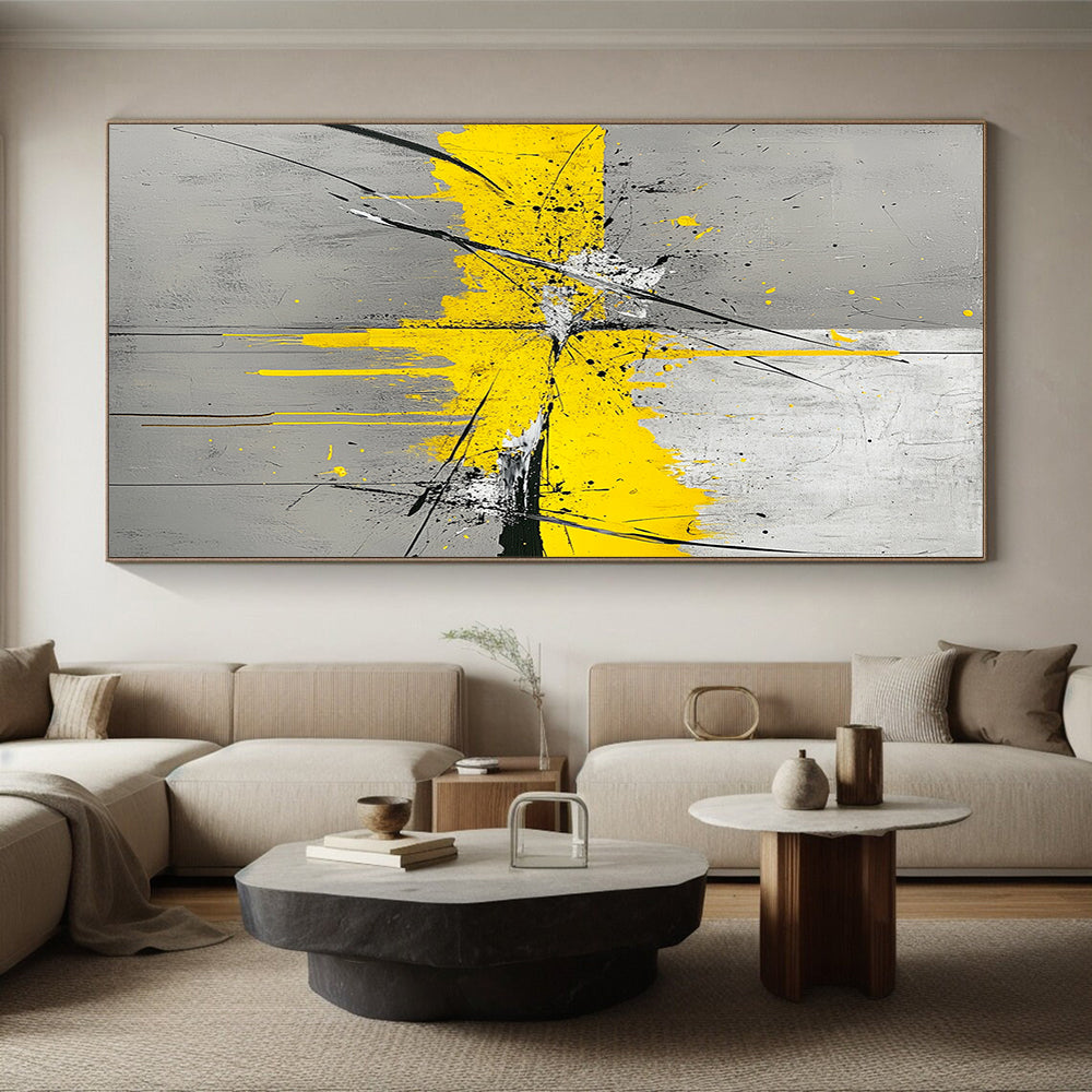 Gray, Yellow, Black, White, Splattered Cross "Dynamic Intersection" Abstract Expressionist Painting On Canvas HB058