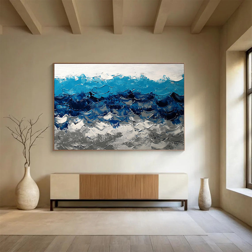 “Bold Blue Wave Textures” - Blue, White, Gray, Bold Wave Textures Painting On Canvas HB0975