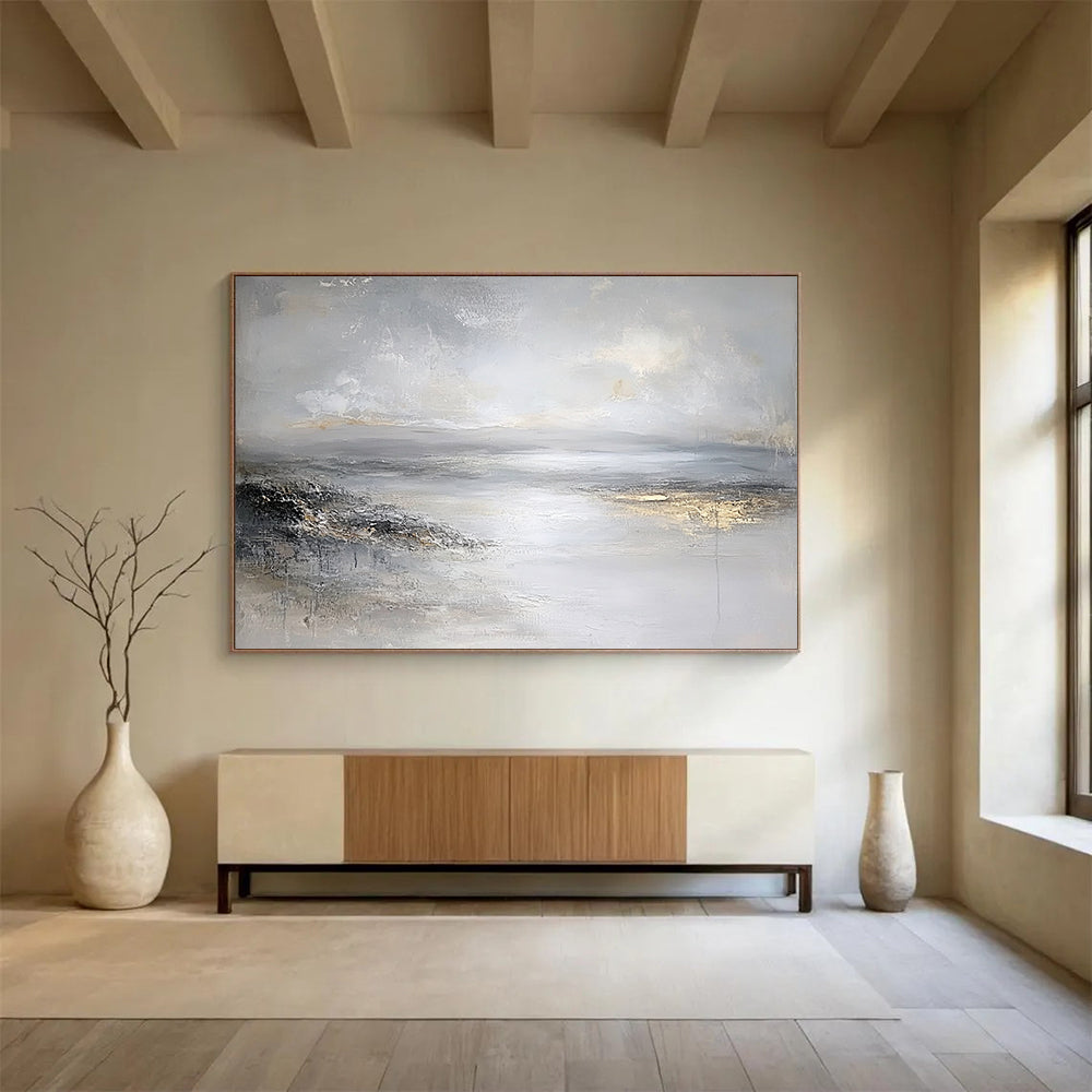 “Gray - Gold Abstract Waterscape” - Gray, Gold, Abstract Waterscape Painting On Canvas HB1111