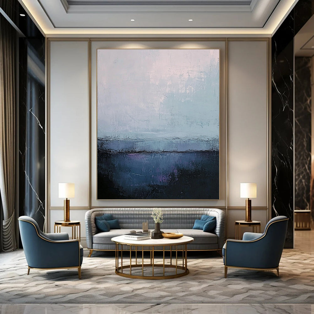 Contemporary abstract art featuring muted gray and blue tones with soft edges and textured contrasts in a large canvas format. DLZ0402