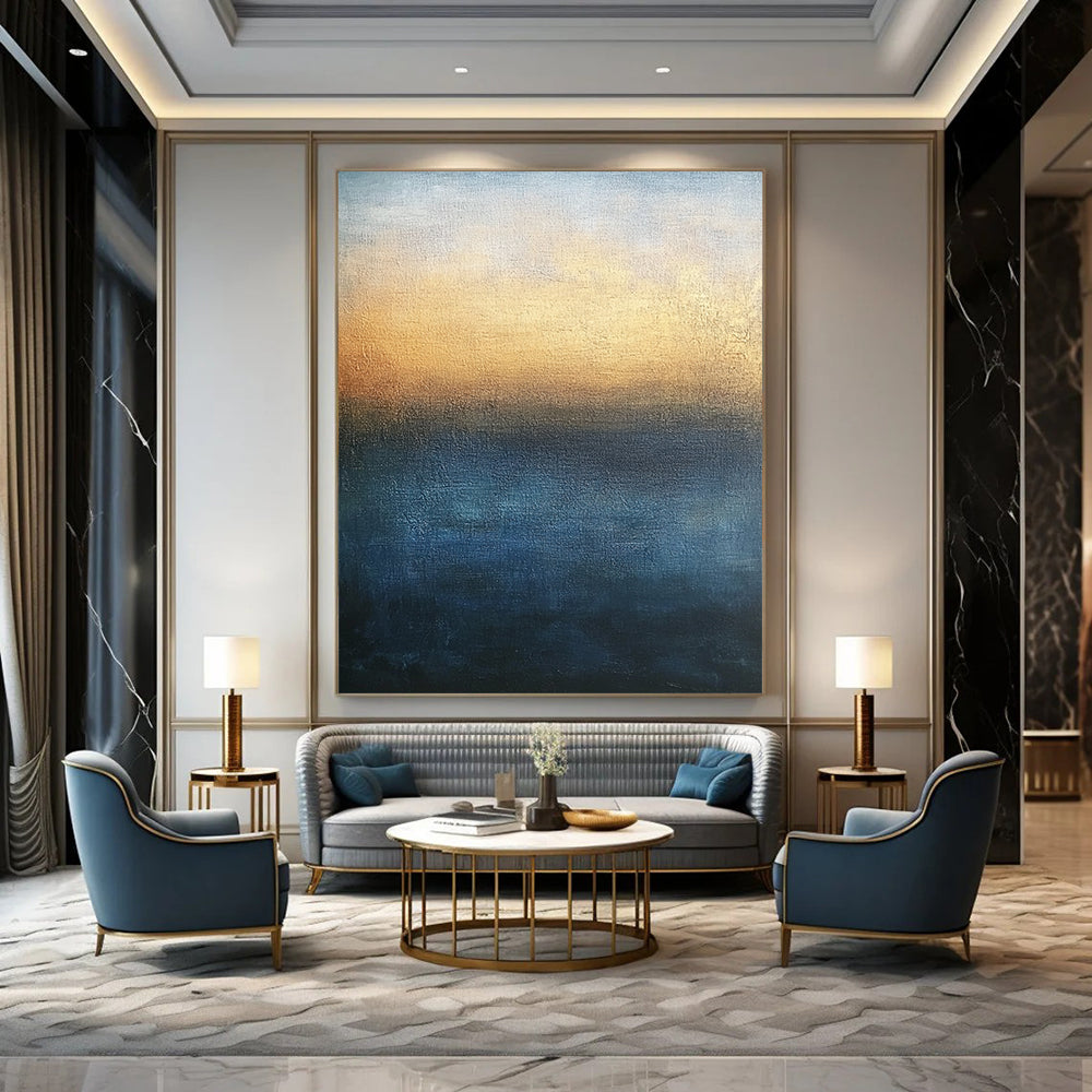 Contemporary large abstract painting with minimalist style in blue and brown tones featuring soft edges gradient sky and tranquil sea for serene atmosphere. DLZ0401