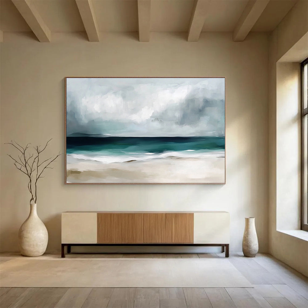 “Stormy Beach Abstract” - Gray, Teal, White, Beige - Abstract Stormy Beach Scene - Acrylic Painting HB1310