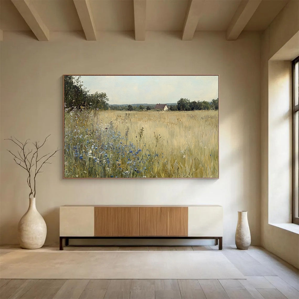 “Rustic Field with Cottage” - Serene field of gold with blue flowers and a distant cottage, Realist Landscape Painting On Canvas HB0544