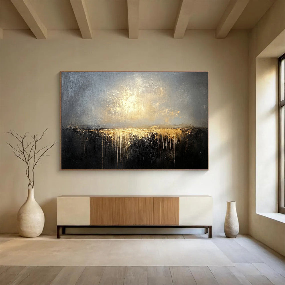“Gilded Twilight Horizon” - Gray, Gold, Dripping Textures, Abstract Landscape Painting On Canvas HB0896