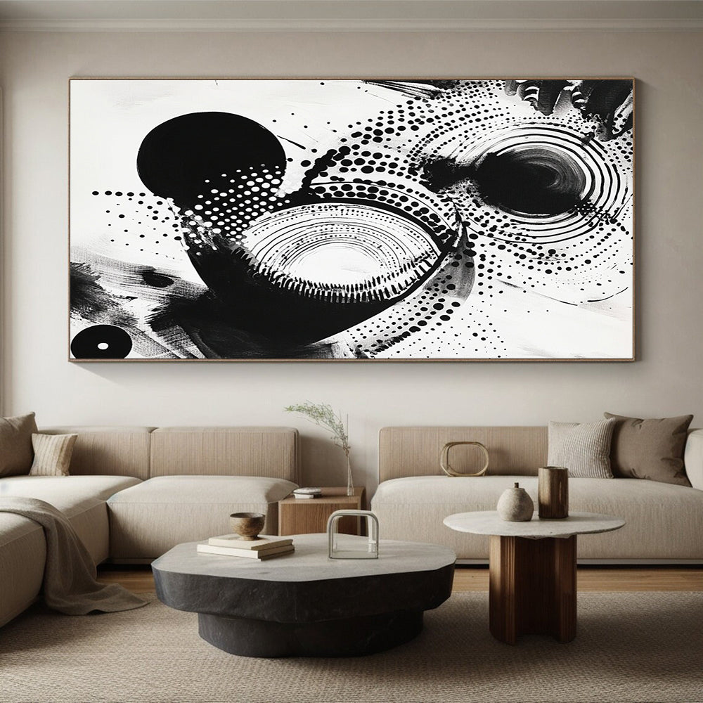 Black Circles, Dots & Curves on White - “Cosmic Ink Patterns” Painting On Canvas HB222
