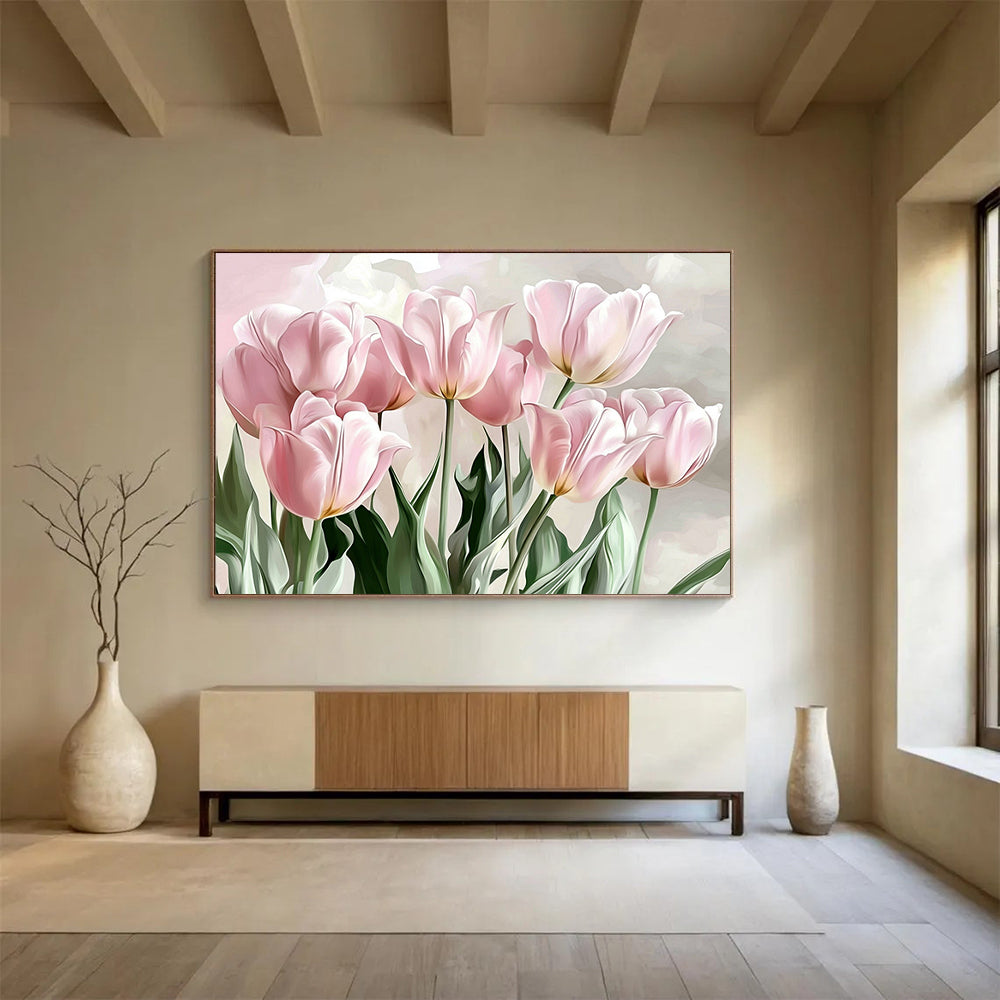 “Soft Pink Tulips” - Pale Pinks, Greens, Realistic Tulip Bouquet - Digital Painting HB1729