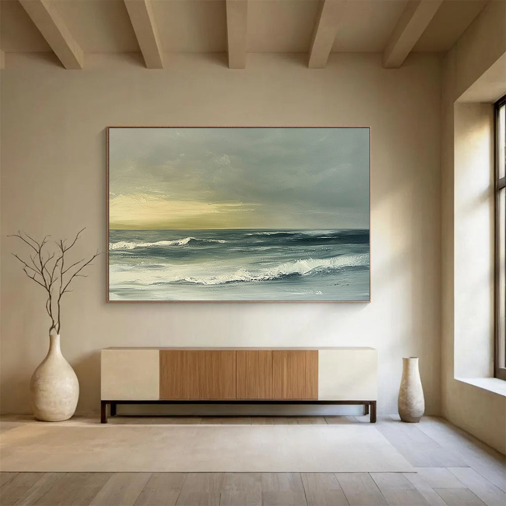 Green, Gray, White and Beige Subtle Seaside "Quiet Surf" Painting On Canvas HB0674