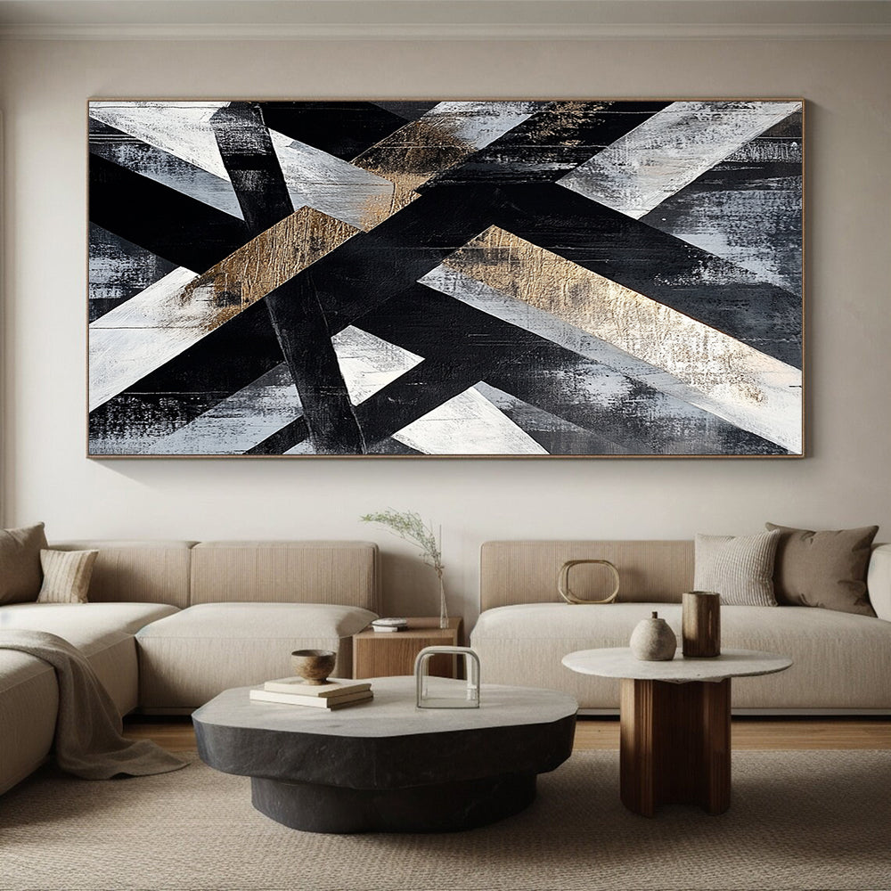 Gray, Black, White, Gold, Intertwined Stripes "Gilded Weave" Abstract Modernist Painting On Canvas HB078