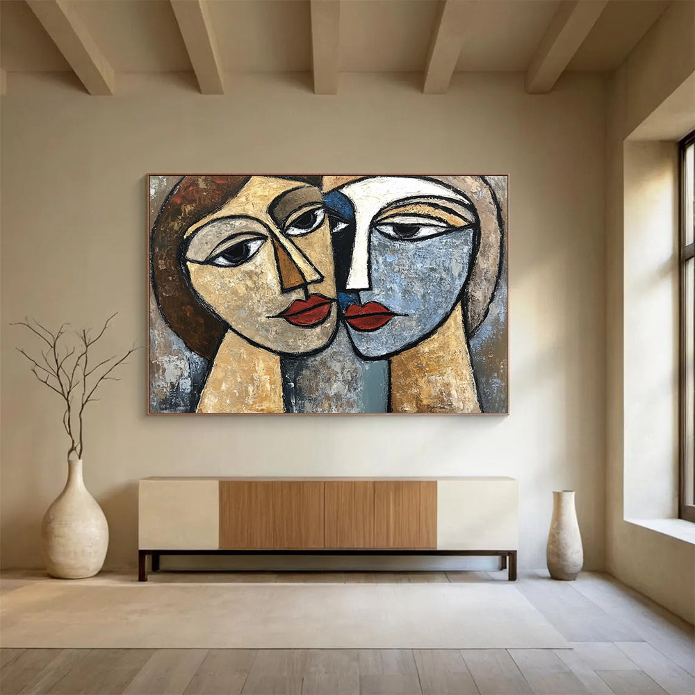 “Two Faces In Cubism” - Beige, Blue, Brown, Cubist Figurative Painting On Canvas HB0681