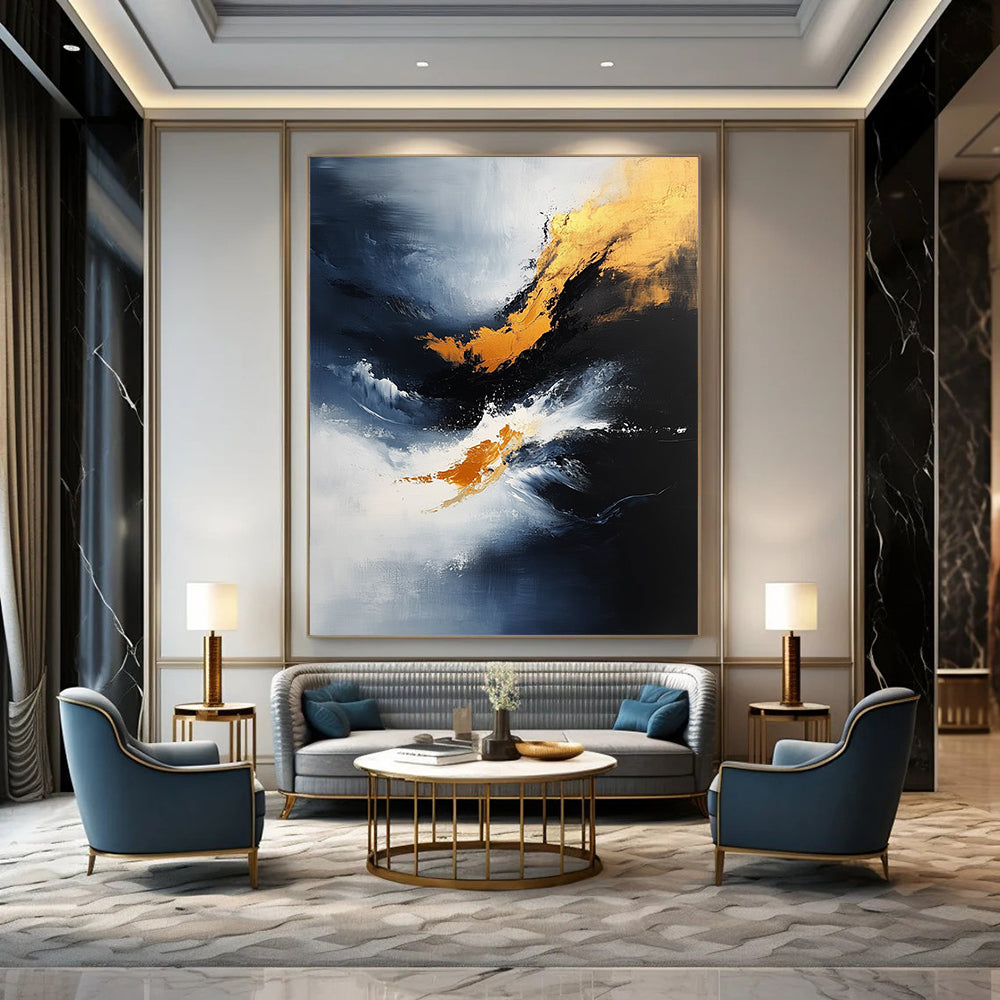 Contemporary abstract painting features dynamic brush strokes and atmospheric clouds in blue, black, and gold on textured canvas. DLZ0357