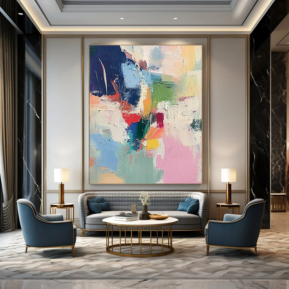 Large contemporary hand-painted abstract artwork featuring soft brushstrokes light colors thick paint and striking contrasts creating a chaotic atmospheric composition. DLZ0767